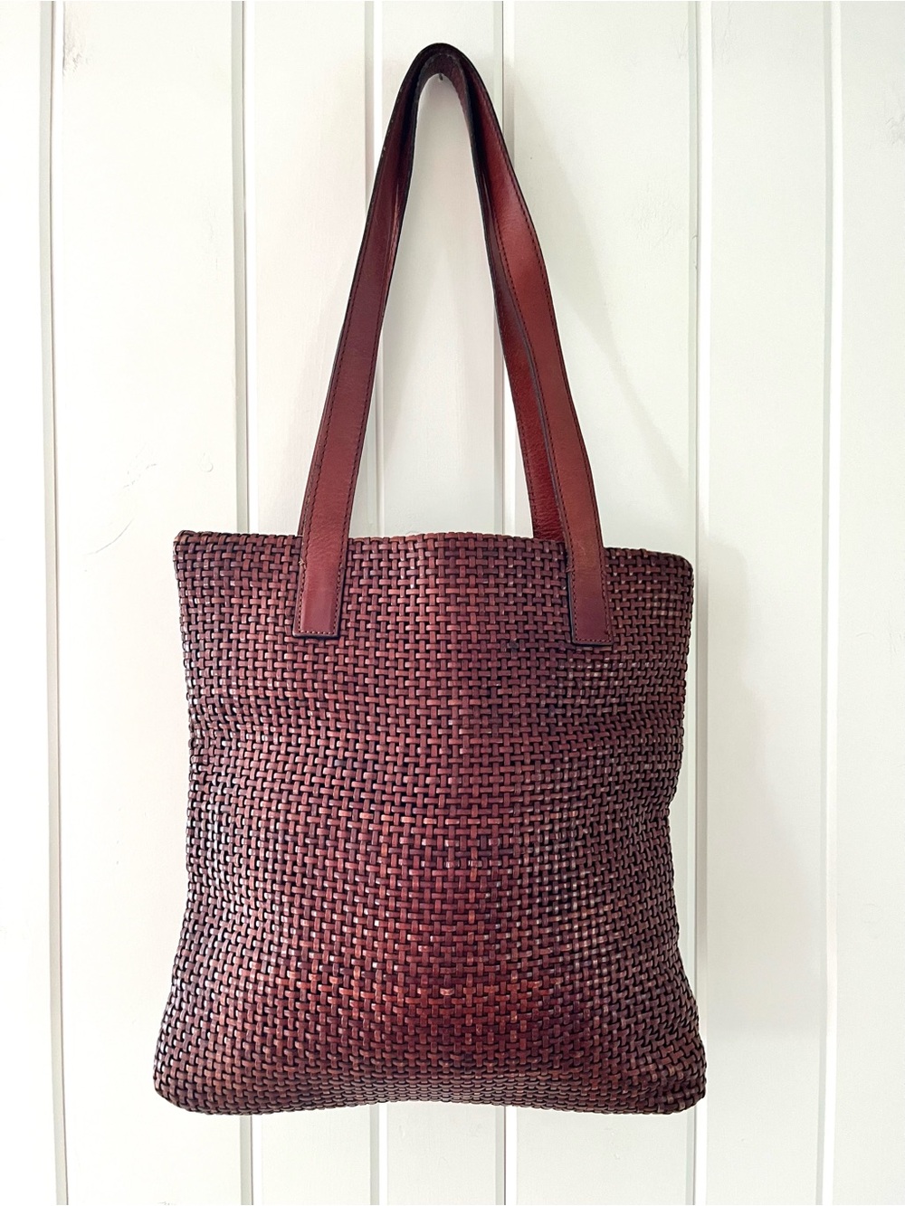Americana by Sharif Vintage Cognac Brown leather woven tote bag